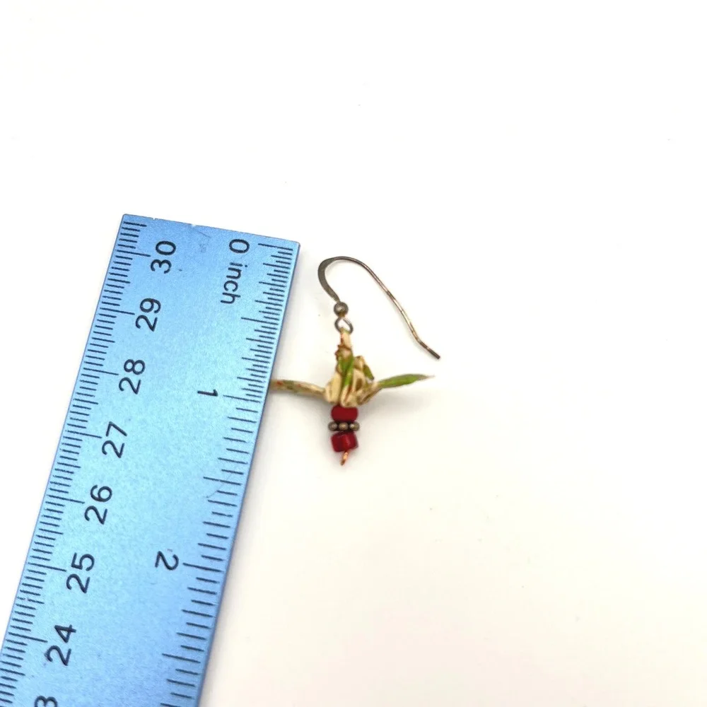 Origami Crane Paper Drop Earrings Sterling Silver Hooks‎ Green Floral Red Beads